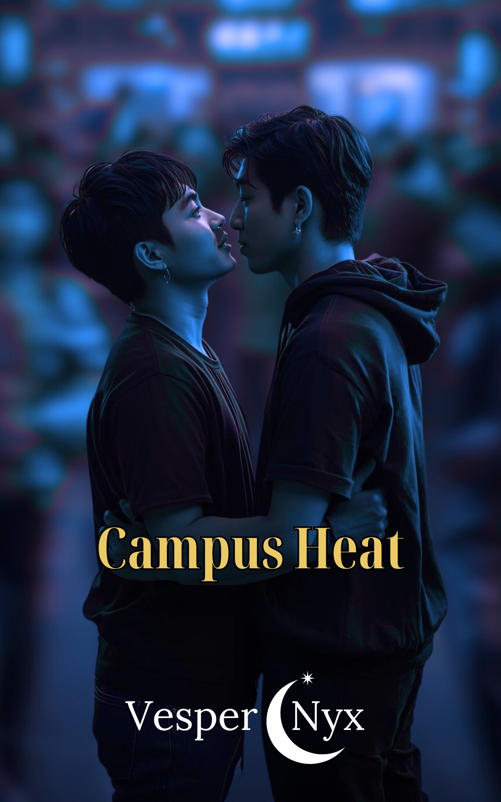 Campus Heat — two young men close to a kiss in blue campus night