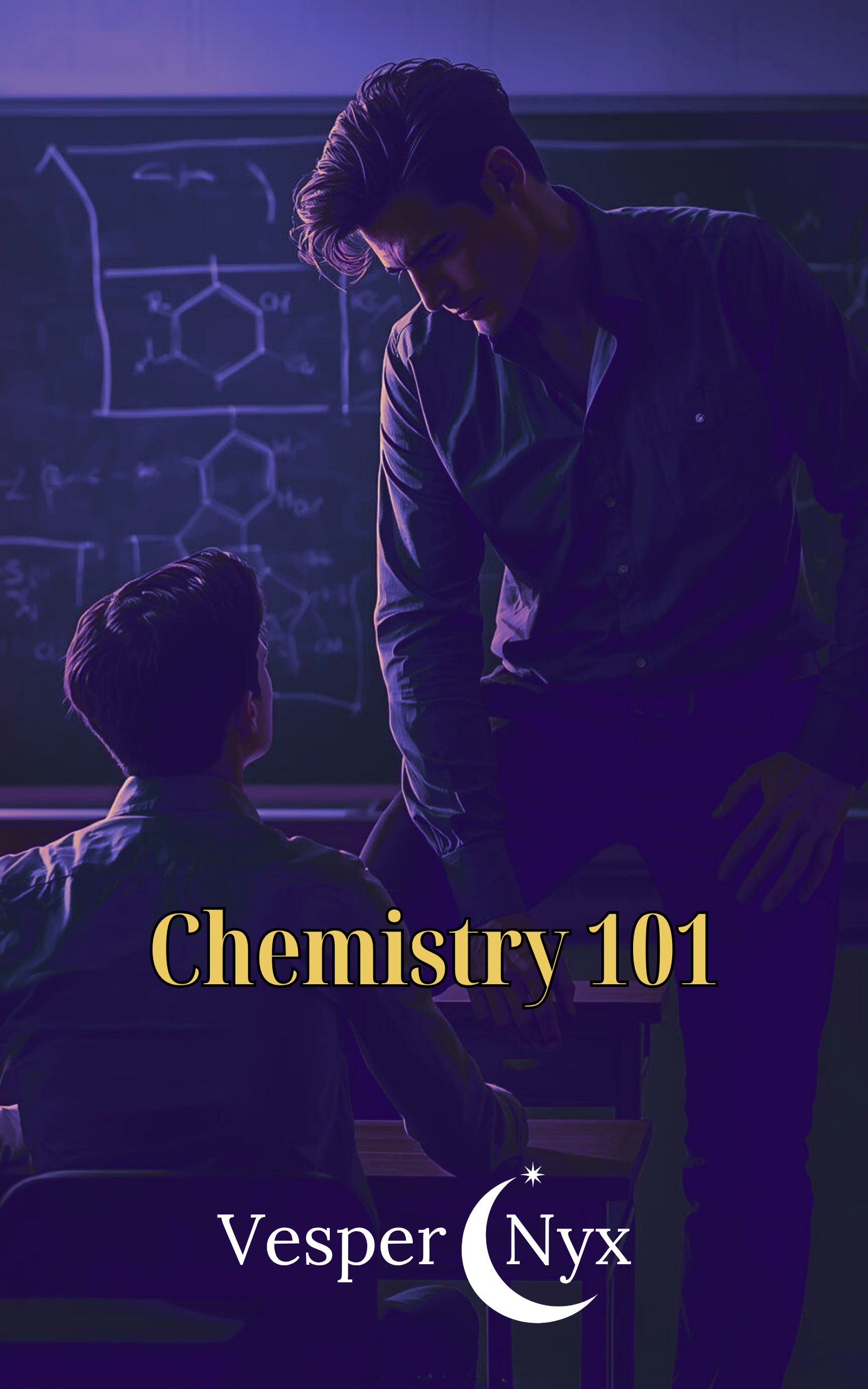 Chemistry 101 — a dominant professor and student in purple-lit classroom