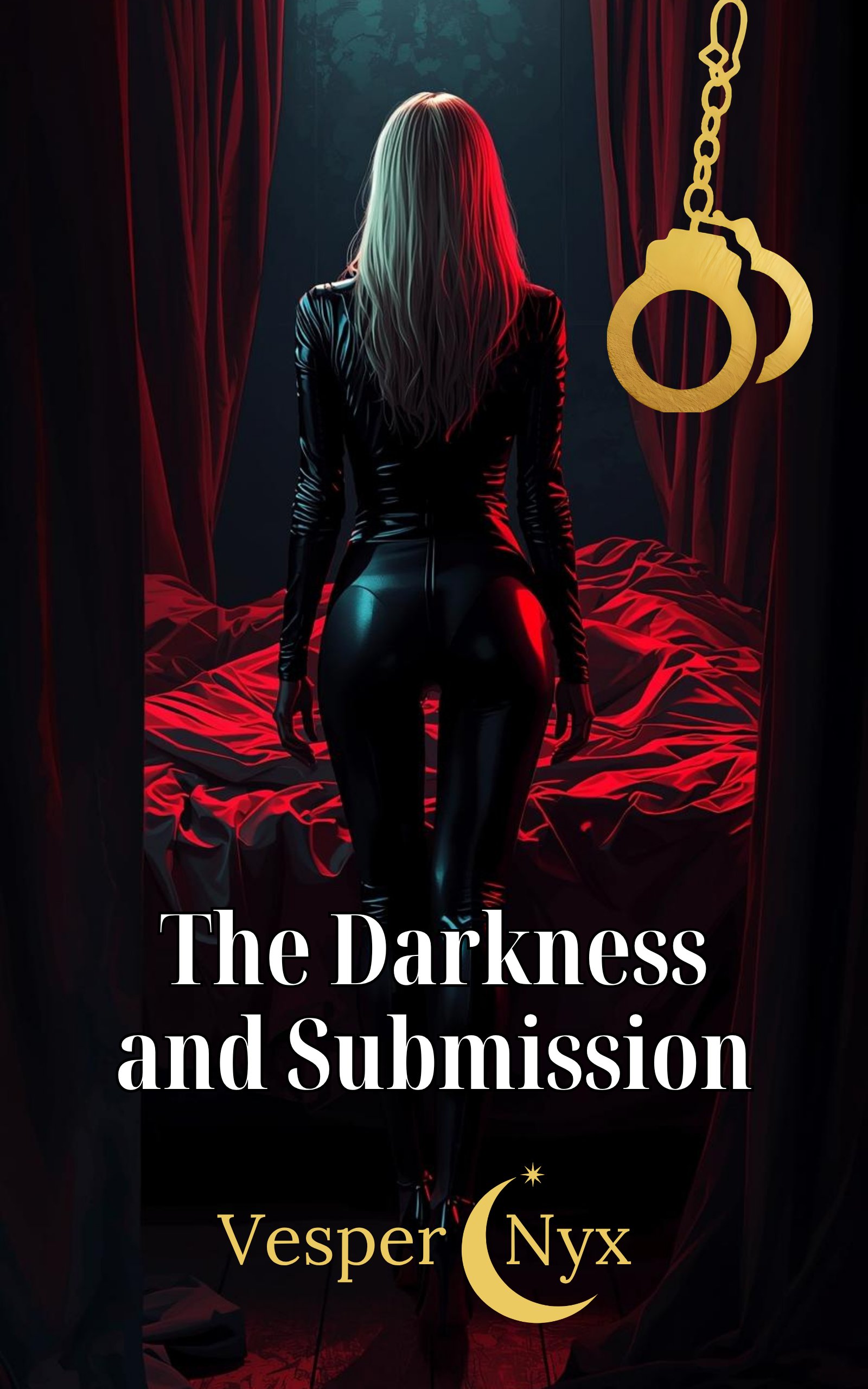 The Darkness and Submission — a woman in black leather before crimson curtains, gold handcuffs above