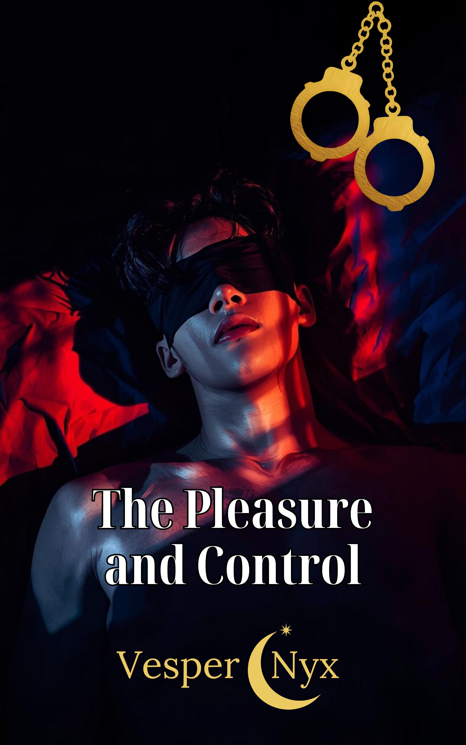 The Pleasure and Control — a blindfolded man in crimson light, gold handcuffs above